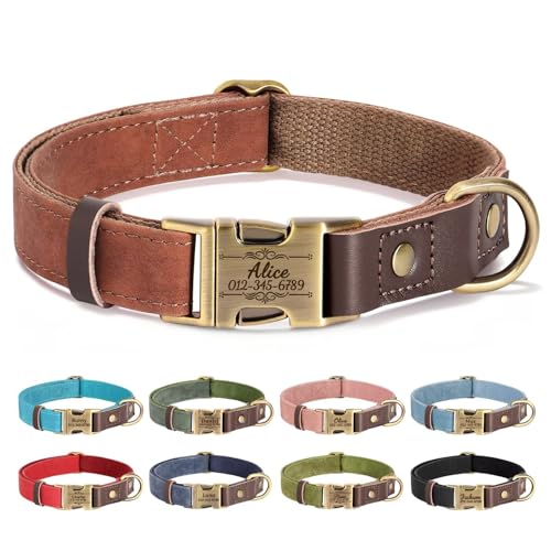 Personalized Dog Collars, Custom PU Leather Dog Collar with Name&Phone Number, Engraved Dog Collar for Large Dogs, Adjustable Durable Collar with Quick Release Metal Buckle, Brown,L - color: Brown, size: L: Neck 16-23", Width 1"