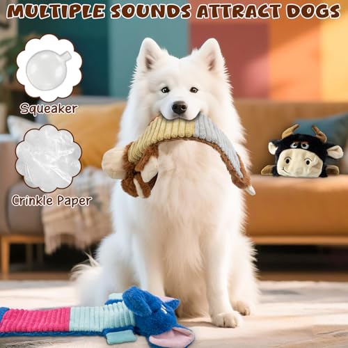 3 Pack No Stuffing Dog Squeaky Toys, Dog Chew Toys with Crinkle and Squeaker, Cute Animal PlushToys to Keep Them Busy, Suitable for Large, Medium and Small Breeds （Elephant&Monkey&Cattle - style: Elephant&Monkey&Cattle