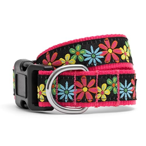 THE WORTHY DOG Everyday Blossoms Collar – Comfortable, Durable Nylon Webbing with Woven Ribbon, Strong Quick-Release Buckle & Nickel-Plated D-Ring – Black, Small - color: Blossoms - Black, size: Small