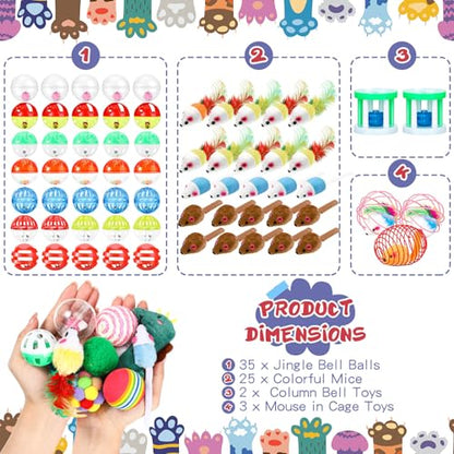 Lenwen 100 Pcs Cat Toys Set Bulk Cat Fur Mice Toys Variety Plastic Ball with Bell Furry Pompom Rattle Mouse Assorted Interactive Catnip Toy Pillow Chew Nice Gift for Indoor Kitten Cats Catch Play