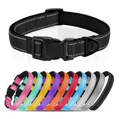 Reflective Dog Collar with Quick Release Buckle - Metal Ring - Adjustable Soft Neoprene Padded Basic Dog Collar for Small Medium Large Dogs (Black, Medium :Width 1",Neck 13.8-19.6") - color: Black, size: Medium