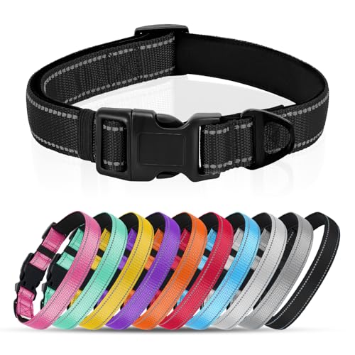Reflective Dog Collar with Quick Release Buckle - Metal Ring - Adjustable Soft Neoprene Padded Basic Dog Collar for Small Medium Large Dogs (Black, Large :Width 1",Neck 15.7-23.6") - color: Black, size: Large