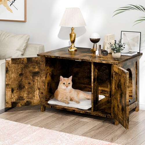 Shintenchi Cat Litter Box Enclosure, Litter Box Furniture Hidden with Removable Divider, Cat House with End Table, Brown, 31.5 inch - color: Brown