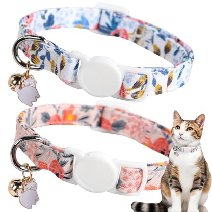 Unique style paws 2 Pack Kitten Collar Breakaway with Bell & Pendant, Adjustable Safety Cat Cotton Collars for Girl Boy Cats and Small Pets - color: blue & pink flower