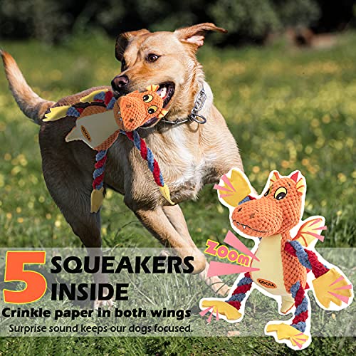 GOOLA Dog Squeaky Toys, Cute Dragon Interactive Plush Stuffed Toy with 5 Squeakers and Crinkle Paper,Pet Rope Chew Toy for Puppy Small Medium Large Breed Dogs - color: Multicolor