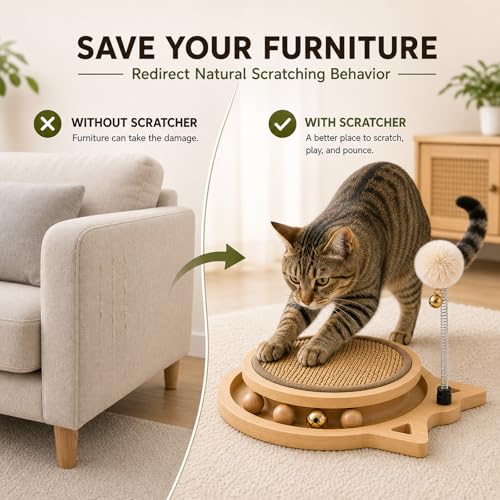 Cat Scratcher Board with Natural Sisal, Interactive Cat Track Toy with Spring Ball – Durable Kitten Scratching Pad for Indoor Cats, Kitty Wooden Cat Toy Stress Relief & Fun Exercise