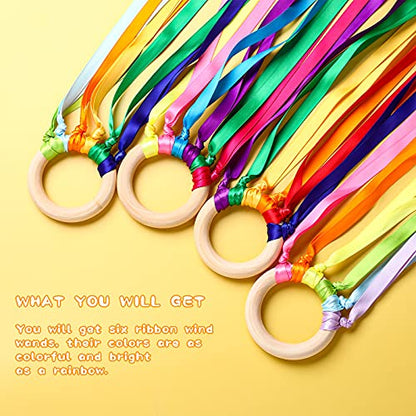 Sumind 6 Pcs Rainbow Ribbon Hand Kites Wands for Kids Dancer Streamer String Toy Thrown Waldorf Wand with Wooden Ring Wand Learning Educational(Bright Colors) - style: Bright Colors