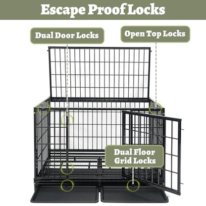 Heavy Duty Large Dog Crates for Large Dogs with Wheels, 47 Inch Metal Wire Stackable Dog Crate Cage with 2 Removable Trays, Multi Locks, Chew Proof Escape Proof Dog Kennel Indoor - size: 47.0"L x 29.0"W x 35.0"H