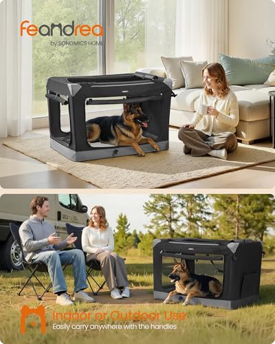 Feandrea Collapsible Dog Crate, Portable Oxford Fabric Pet Travel Crate with 4 Mesh Doors, Handles, Pocket, 42 Inches, for Large Dogs, Ink Black and Dove Gray UPDC031BH01 - size: XXL (42"L x 28"W x 28"H)