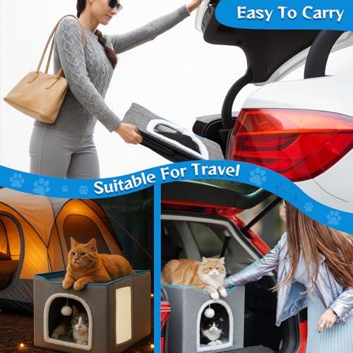 Cinnvoice Heated Cat Bed Indoor for Cats Heated Cat House with 2 Pcs Self Warming Cats Bed 1pc Blankets Self Heating Cube Shelter Cave Condo with Scratch Pad Fluffy Ball for Winter Pet Small Dog