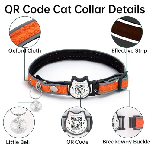 Cat Collar with Bells Reflective Cat Collars Breakaway with Oxford Cloth Soft Padding Adjustable Kitten Collar with QR Code（Orange） - color: Orange