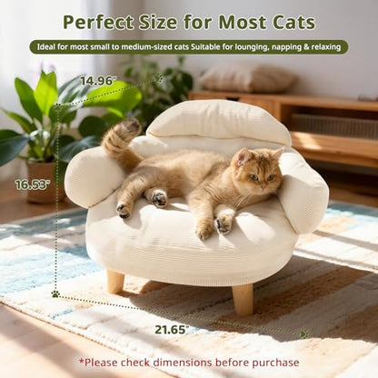 Cat Sofa Furniture-Style Pet Bed with Removable Cotton Velvet Cover, Solid Pine Wood Legs, for Cats and Small Dogs, White - color: White