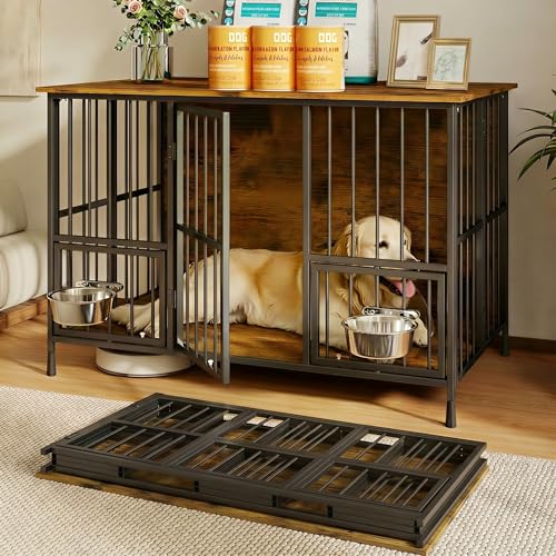 Hadulcet Foldable Dog Crate Furniture, 41'' Dog Crates for Large Dogs with Storage Top, Wooden Indoor Dog Kennel Table for Large to Medium Dogs, Furniture Style Dog Cage with 2 Bowls Rustic Brown - color: Rustic Brown, size: 40.9"L x 25.6"W x 28.3"H