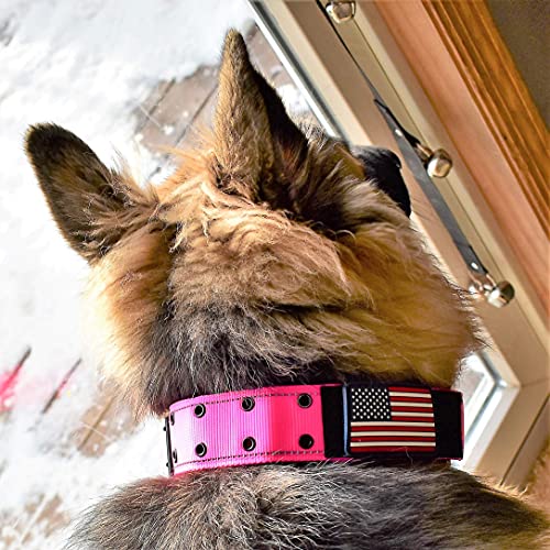 Tactical Dog Collar 2 Inch Wide Heavy Duty with Metal 2-Pin Belt Buckle for Medium, Large & XL Dogs, Thick Military-Style K9 Collar, Reflective, with Name Plate Area, USA Flag Patch, Strong & Durable - color: PINK, size: 12-20 inches
