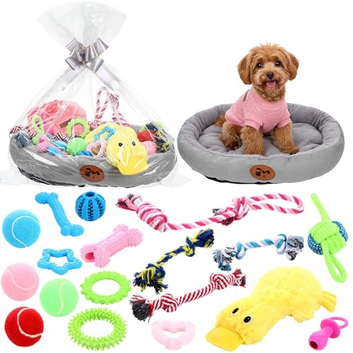 Zopeal 24 Pcs Luxury Dog Gift Set Thickened Plush Dog Bed and Sweater Dogs Squeaky Toys Breed Chewer Cute Duck Stuffed and Soft Squeaker Balls for Winter Puppy Pet Teething Chewing