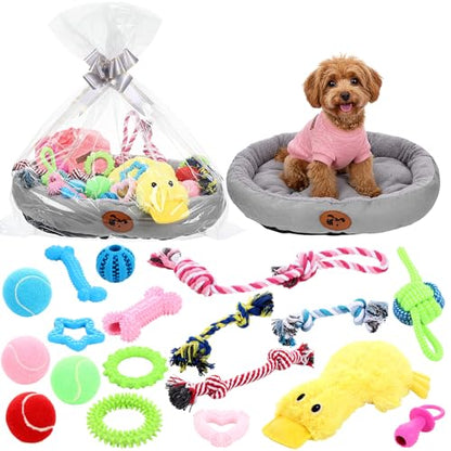 Zopeal 24 Pcs Luxury Dog Gift Set Thickened Plush Dog Bed and Sweater Dogs Squeaky Toys Breed Chewer Cute Duck Stuffed and Soft Squeaker Balls for Winter Puppy Pet Teething Chewing