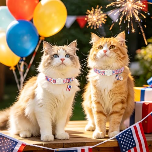 2 Pack 4th of July Cat Collars - Blue Retro Checkerboard Flag 1776 & Pink Patriotic Breakaway Cat Collars, Adjustable Soft Boy Girl Kitten Collar for Small Dogs Puppy with Bell & Pendant - color: Pink Patriotic