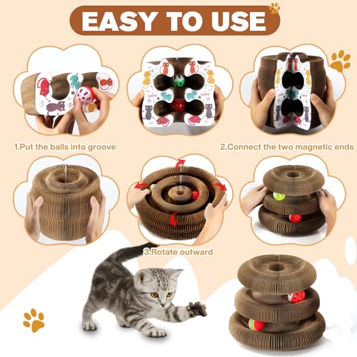 2 PCS Magic Organ Cat Scratcher Board with 6 Balls, Foldable Recyclable Accordion Cats Toy with Ball and Track Adventure, Cat Scratching Pad, Retractable Reversible Furniture Protector(Brown)