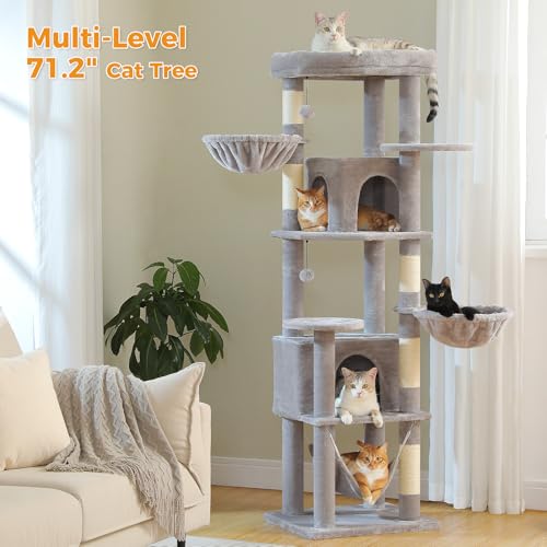 71.2 Inches Tall Cat Tree for Large Cats, Multi-Level Cat Tower with 2 Cozy Condos, Super Large Top Perch, 3 Hammocks, Sisal Scratching Posts and 2 Pompoms, Grey - color: Grey, size: 71.2 Inches