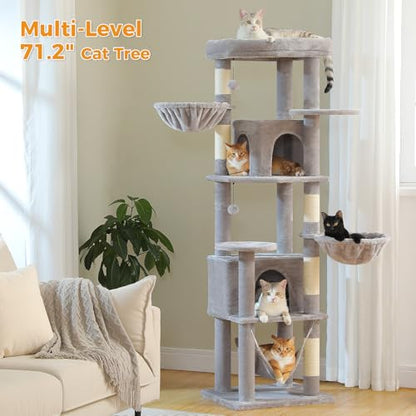 71.2 Inches Tall Cat Tree for Large Cats, Multi-Level Cat Tower with 2 Cozy Condos, Super Large Top Perch, 3 Hammocks, Sisal Scratching Posts and 2 Pompoms, Grey - color: Grey, size: 71.2 Inches