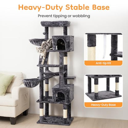 74" Cat Tree Tower with Scratching Posts, Condos, Perch, Hammocks & Toys, Cat Tree for Indoor Cats Large Adult, Ideal for Multi-Cat Households, Dark Gray - color: Dark Gray