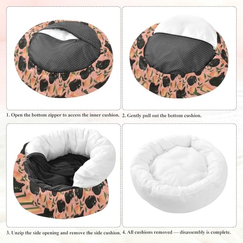 Pet Bed Cat Sweet Peach Print, 18" Small Dog Cuddler with Anti-Slip Bottom, Cute Pattern Round Sofa for Indoor Puppies & Kittens, All-Season Comfort - size: Small