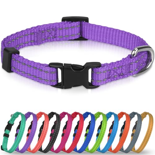 Joytale Puppy Collar, Feather-Light Double-Sided Reflective Nylon Collar for Night Safety, Adjustable Quick-Release for Extra Small Dogs, Purple, XS (3/8" Width) - color: Purple, size: XS: Width 3/8", Neck 8-12"