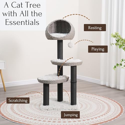 PetPals 4-Level Cat Tree with Recycled Paper Rope Baskets Beds and Removable Washable Curshions,Multi-Level Cat Climbing with Replaceable Paper Rope Scratching Posts (Black and Gray) - color: Black and Gray