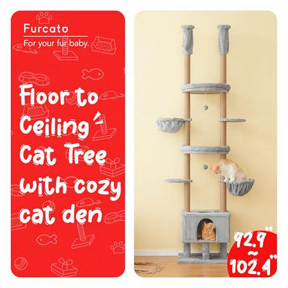 Cat Tree, Floor to Ceiling Cat Tower Adjustable Height [92.9-102.4in=235-258cm], 7 Tiers Cat Climbing Play House with Fully Sisal Scratching Post,Cozy Condo&Hammocks for Indoor Cats,Light Grey - color: Light Grey2.0