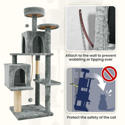 58.5inch Large Cat Tree Tower Condo for Indoor Cats, Soft Plush Multi-Level Climbing Tree Cat House, Scratching Post, More Entrance/Exit, Sisal Rope, Grey - color: Grey
