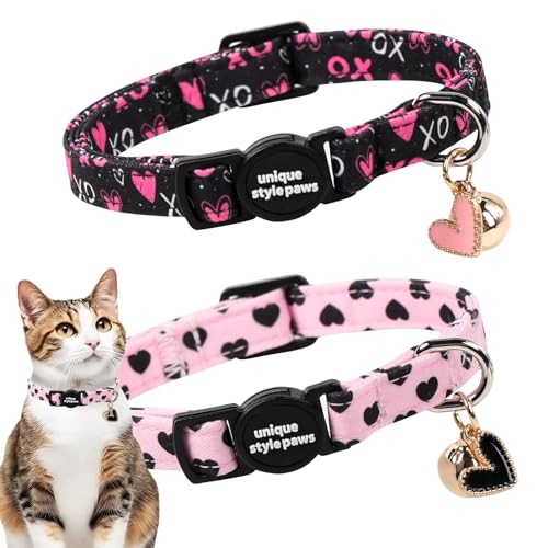 Unique style paws 2 Pack Valentine Kitten Collar Breakaway with Bell&Pendant, Adjustable Safety BlackBerry Pink Love Heart Cat Cotton Collar for Girl Boy Cat and Small Pet - color: Blackberry Pink Heart