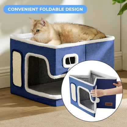 ZOMISIA Cat Beds for Indoor Cats - Large Cat House for Pet with Fluffy Ball Hanging and Scratch Pad, Foldable Cat Hideaway,16.5x16.5x13 inches, Green