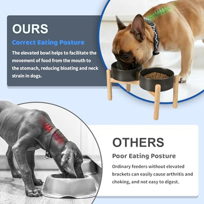 SPUNKYJUNKY Ceramics Raised Dog Bowls with Wooden Stand - Elevated Dog Feeding Set (Double 28.7OZ, Black) - color: Black(Double Bowls Set), size: Medium - 3.6 CUPS