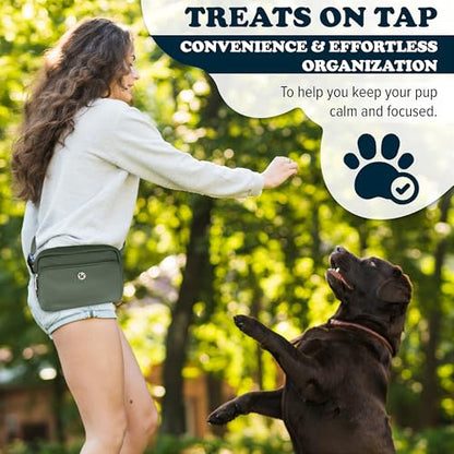 Puppington 3-in-1 Crossbody Dog Treat Pouch for Pet Training - Compostable Poop Bags, Built-In Poop Bag Dispenser, Slow-Feeding Travel Dog Bowl & Reflective Leash - Dog Walking Bag (Basil Green) - color: Basil Green