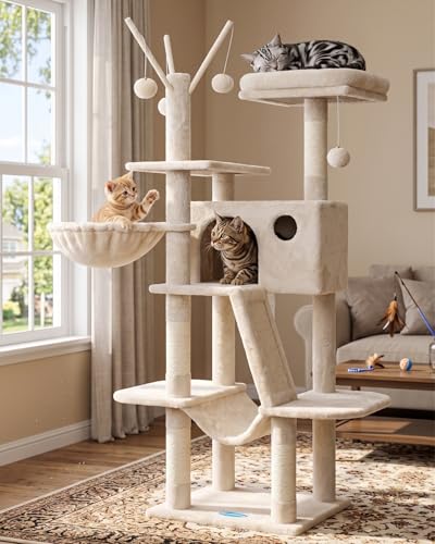Hey-brother Cat Tree, 53 inch Cat Tower for Indoor Cats, Cat House with Padded Platform Bed, Toy Balls, Large Cozy Condo, Hammocks and Sisal Scratching Posts, Beige MPJ019-SM - color: Beige