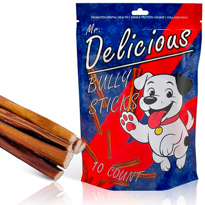 Bully Sticks for Dogs, 10 Count, 6 Inch Extra Thin, Consistent Thickness, All Natural, Grass Fed, Rawhide-Free, Single Ingredient, Long Lasting Dog Chews