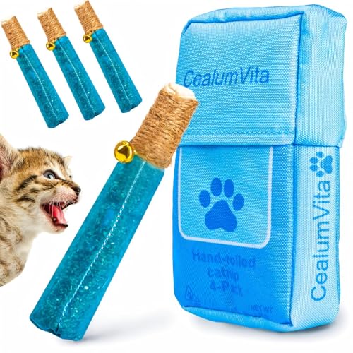4 Pack Hand-Rolled Catnip Sticks with Chew Rope & Bell -Shaped Cat Toys for Indoor Cats and Kicker Toys, Teething Chew and Play Fun (Blue) - color: Blue