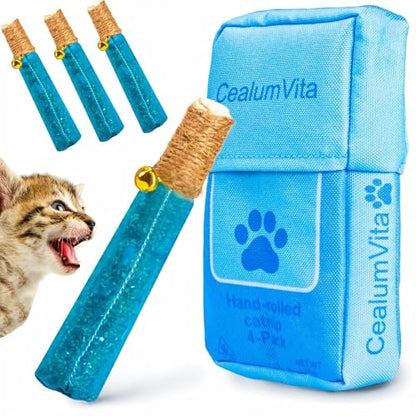 4 Pack Hand-Rolled Catnip Sticks with Chew Rope & Bell -Shaped Cat Toys for Indoor Cats and Kicker Toys, Teething Chew and Play Fun (Blue) - color: Blue