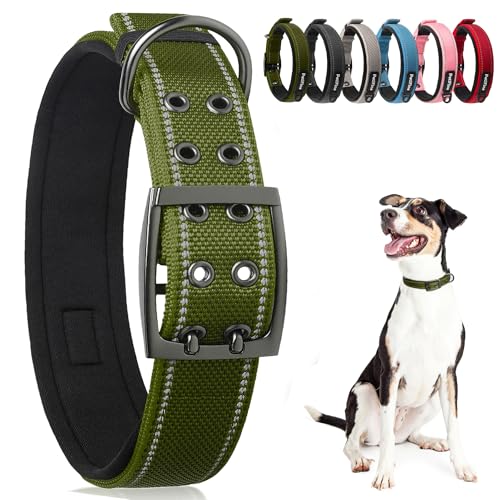 Dog Collar for Large Dogs, Neoprene Padded and Adjustable, Reflective Wide Heavy Duty Pet Collars with Durable Metal Belt Buckle for Walking, Green, XL - color: Green, size: X-Large (23"-27")