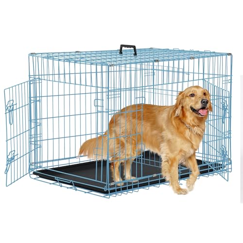 36 Inch Dog Crate,Puppy Crates for Small Dogs Folding Metal Wire Dog Cage for Medium Dogs Dog Crate with Double-Door/Tray/Handle Dog Kennel Outdoor/Indoor Pet Crates for Small Medium Dogs(Blue) - color: Blue, size: 36.0"L x 22.0"W x 25.0"H