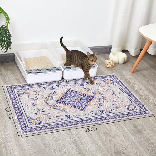 Glittme Cat Litter Mat with Non-Slip Bottom Litter Box Mat 33"X22" Litter Trapping Mat Easy to Clean Washable Cat Food Mat for Kitty,L - color: Blue, size: 33"x22"