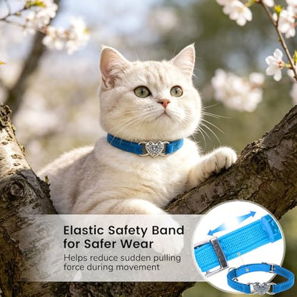 BINGPET Diamond Cat Collar,Adjustable Soft Velvet Leather Safe Kitten Collar with Crystal Heart Charm and Bells,Girl Boy Bling Stylish Cat Collars with Safety Elastic (Blue, Neck Girth 8"-10") - color: Blue(Heart), size: Neck Girth 8"-10"