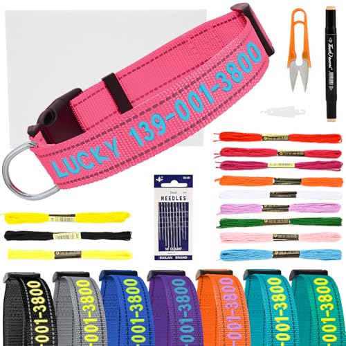 DIY Personalized Embroidered Dog Collar - Custom Hand-Stitched Name & Number, Reflective Adjustable Pet Collar for Small/Medium/Large Dogs & Cats, Durable Nylon with Steel D-Ring (Hotpink, Medium) - color: Hotpink, size: Medium