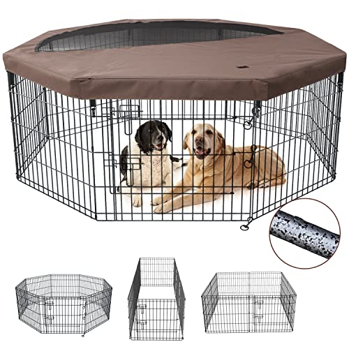 NEZUC Foldable Metal Dog Exercise Playpen Gate Fence Dog Crate 8 Panels 24 Inch Height Puppy Kennels with Top Cover/Bottom Pad for Animals Outdoor Indoor (Playpen+Top Cover, Brown, 36" H) - size: 36"H, style: Playpen+Top Cover
