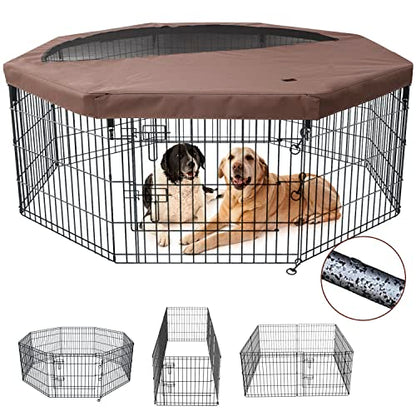 NEZUC Foldable Metal Dog Exercise Playpen Gate Fence Dog Crate 8 Panels 24 Inch Height Puppy Kennels with Top Cover/Bottom Pad for Animals Outdoor Indoor (Playpen+Top Cover, Brown, 36" H) - size: 36"H, style: Playpen+Top Cover