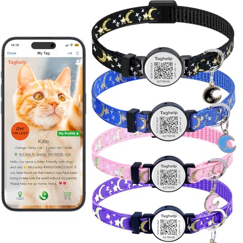 The Ultimate QR Code Pet ID Collar 4-Pack | Breakaway Adjustable Cat Collars with Secure Online Profile | Never Lose Your Cat with Cute Moon & Stars Design (Star & Moons - 4 Pack) - color: Star & Moons - 4 Pack