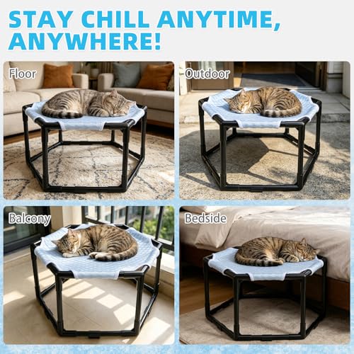 Elevated Cat Cooling Hammock Bed, Hexagonal Raised Cat Cot with Breathable Ice Beanie Fabric and Anti Slip Block, Cooling Pad Mat Indoor Outdoor Stable Pet Swing Bed for Small Puppy, Blue - color: Blue