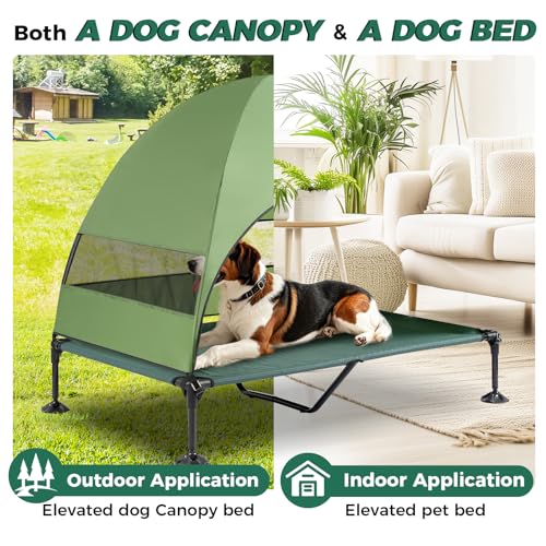 Windproof Elevated Dog Bed with Canopy & Stakes, 3-Sided 90% UV Block, Chew-Proof Teslin Mesh Mat for Large Dogs up to 150lbs(Green X-Large) - color: Green, size: X-Large