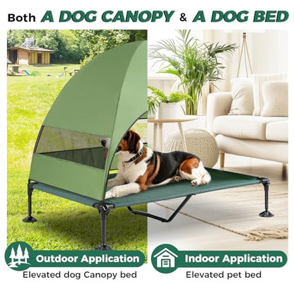 Windproof Elevated Dog Bed with Canopy & Stakes, 3-Sided 90% UV Block, Chew-Proof Teslin Mesh Mat for Large Dogs up to 150lbs(Green X-Large) - color: Green, size: X-Large