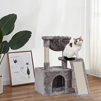 SYANDLVY Cat Tree for Indoor Cats Large Adult, Modern Activity Tower with Scratching Posts & Board, Condo with Plush Perch, Climbing Stand with Cradle & Hanging Ball for Play, Light Grey - color: Light Grey